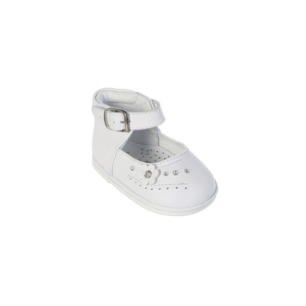 Little Girls White Flower Ankle Strap Leather Baptism Dress Shoes 5-6 Toddler - SophiasStyle.com